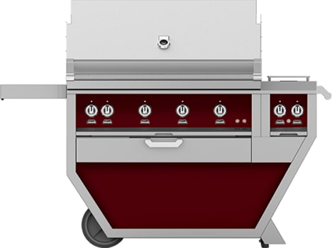 Hestan GSBR42CX2NGBG 61 Inch Freestanding Grill with 782 sq. in. Grilling Area, 4 Sear Burners, Rotisserie, Double Side Burners, 148,000 BTU, Horizon Spring Assisted Hood - Burgundy