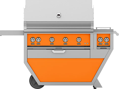 Hestan GSBR42CX2NGOR 61 Inch Freestanding Grill with 782 sq. in. Grilling Area, 4 Sear Burners, Rotisserie, Double Side Burners, 148,000 BTU, Horizon Spring Assisted Hood - Orange