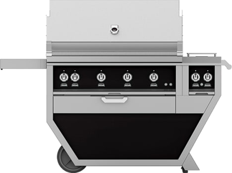 Hestan GSBR42CX2NGBK 61 Inch Freestanding Grill with 782 sq. in. Grilling Area, 4 Sear Burners, Rotisserie, Double Side Burners, 148,000 BTU, Horizon Spring Assisted Hood - Black