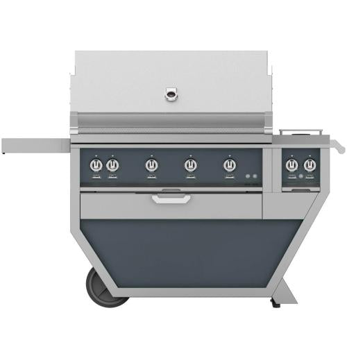 Hestan GSBR42CX2NGGG 61 Inch Freestanding Grill with 782 sq. in. Grilling Area, 4 Sear Burners, Rotisserie, Double Side Burners, 148,000 BTU, Horizon Spring Assisted Hood - Dark Gray
